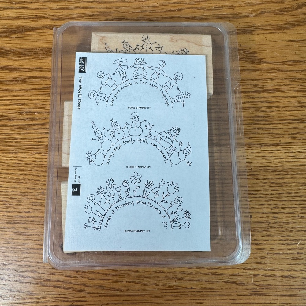 Stampin Up The World Over Mounted Rubber Stamp Set of 3 Snowmen Flowers‎ 2006